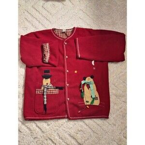 Vintage Fleece Ugly Christmas Cardigan Jacket Womens L Button Up Novelty Snowman
